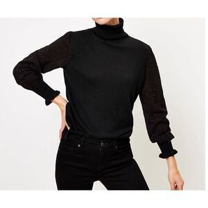 NWT Loft S Wool Blend‎ Mixed Media Puff Sleeve Turtleneck Sweater Dressy Black